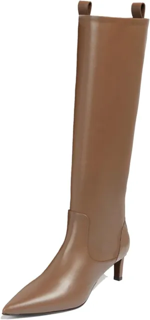 THESHY Leather Knee High Boots for Women Stiletto Heel and Pointed Toe Thigh High Boots Classic Sexy Pull on Tall Boot