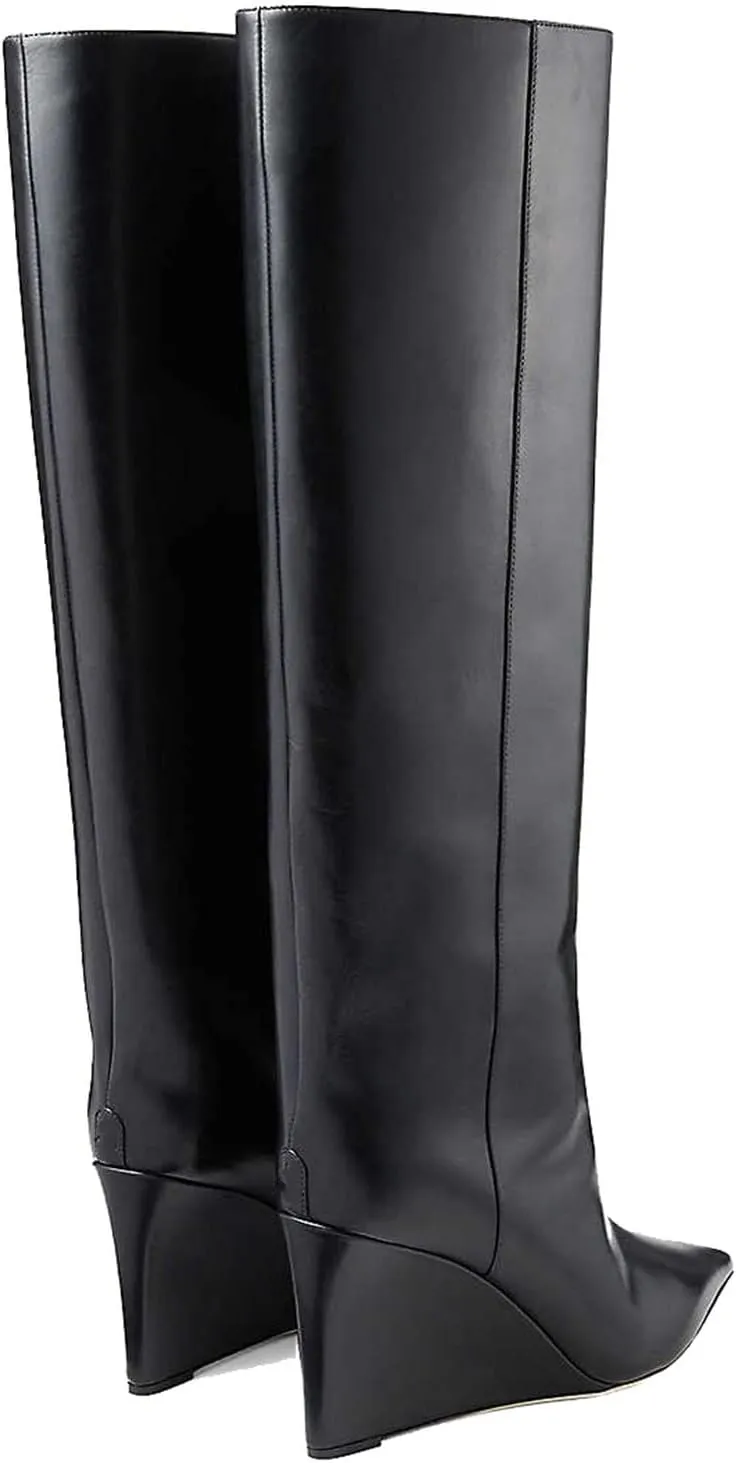THESHY Women‘s Pointed Toe Knee High Boot Wedge Metallic High Heel Thigh High Boot Patent Leather Pull on Shoes