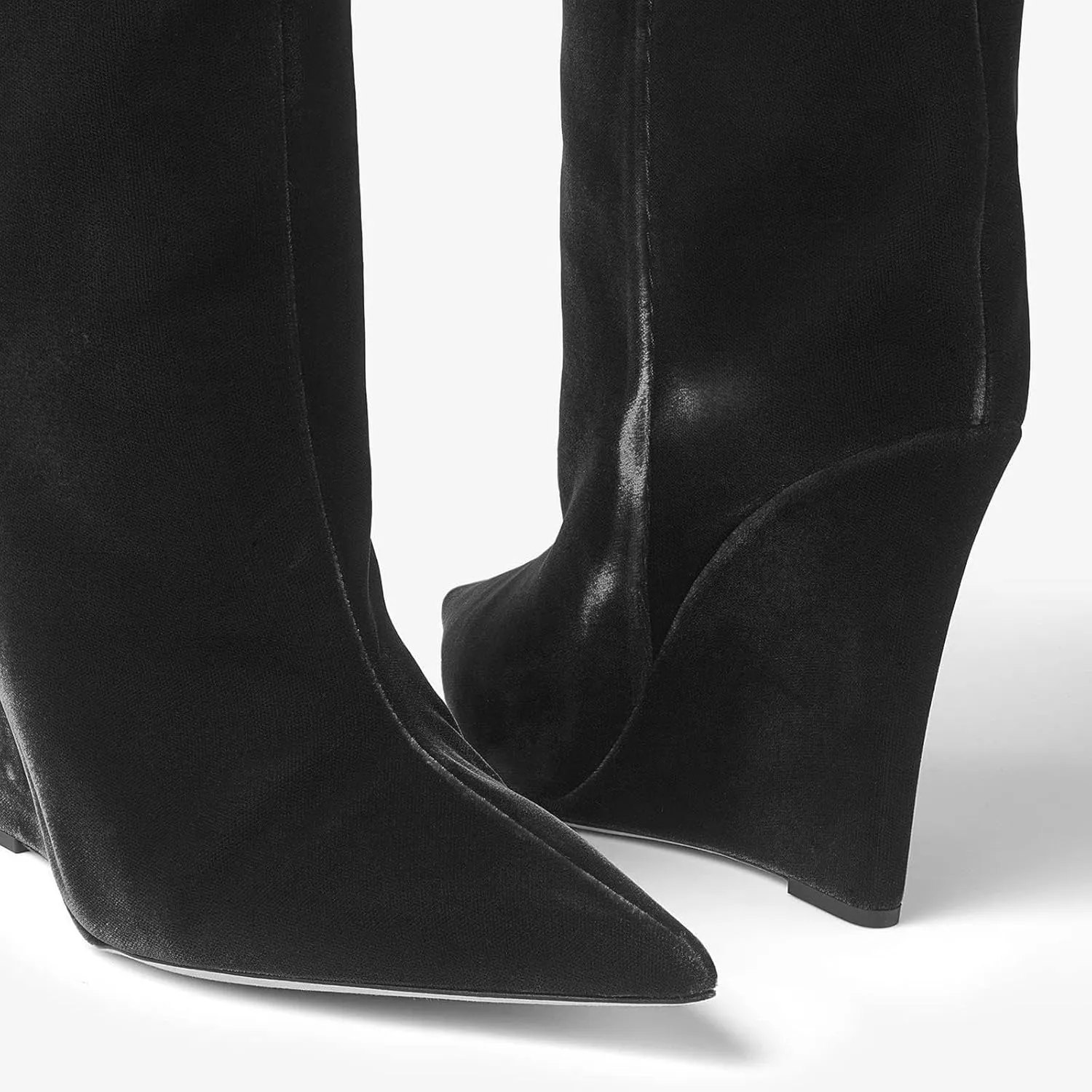 THESHY Women‘s Pointed Toe Knee High Boot Wedge Metallic High Heel Thigh High Boot Patent Leather Pull on Shoes
