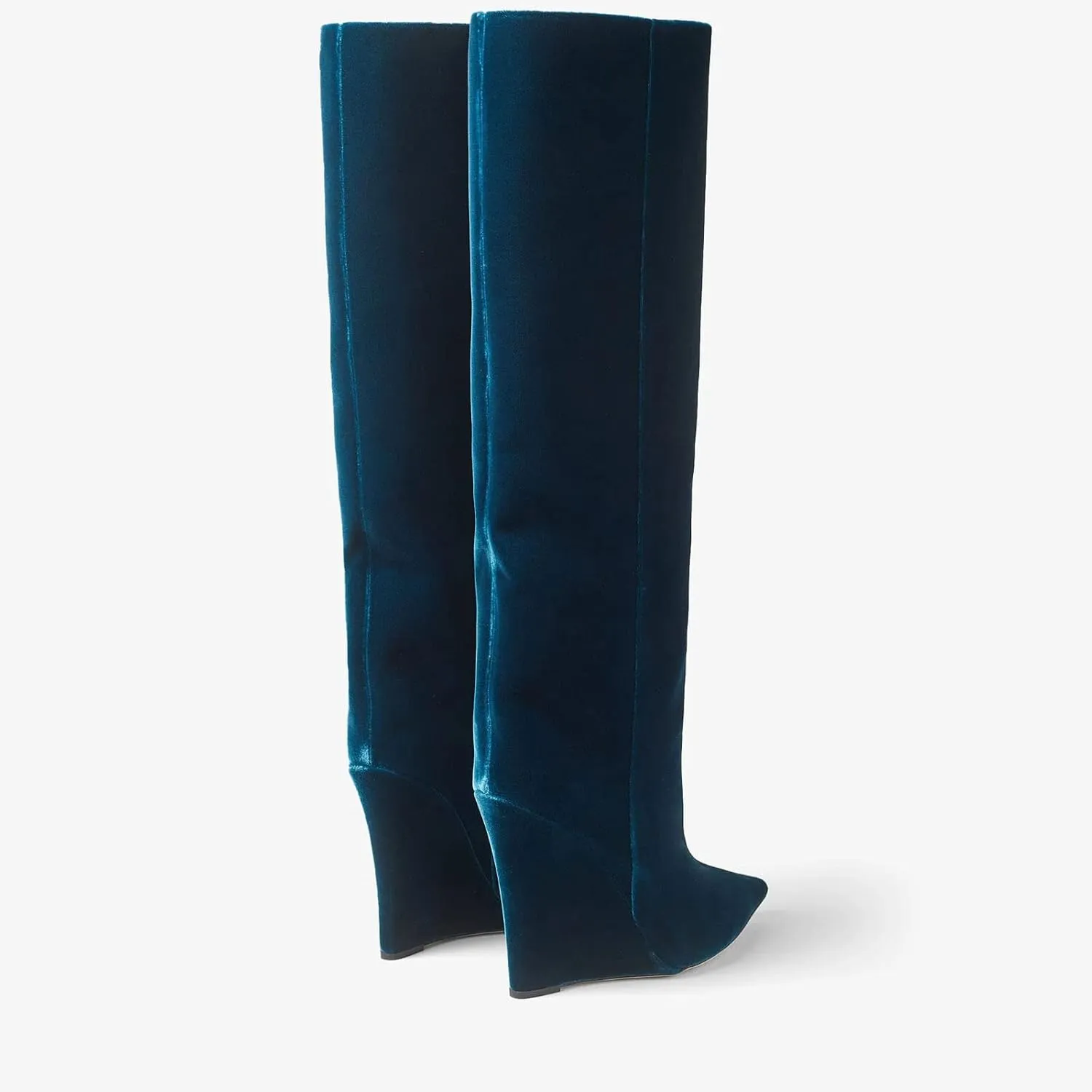 THESHY Women‘s Pointed Toe Knee High Boot Wedge Metallic High Heel Thigh High Boot Patent Leather Pull on Shoes