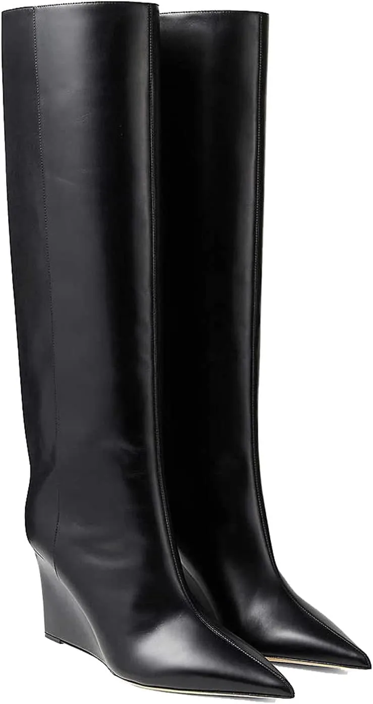 THESHY Women‘s Pointed Toe Knee High Boot Wedge Metallic High Heel Thigh High Boot Patent Leather Pull on Shoes