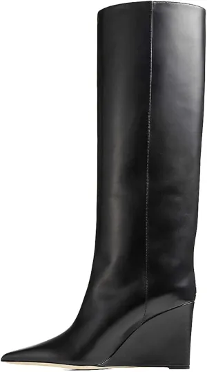 THESHY Women‘s Pointed Toe Knee High Boot Wedge Metallic High Heel Thigh High Boot Patent Leather Pull on Shoes