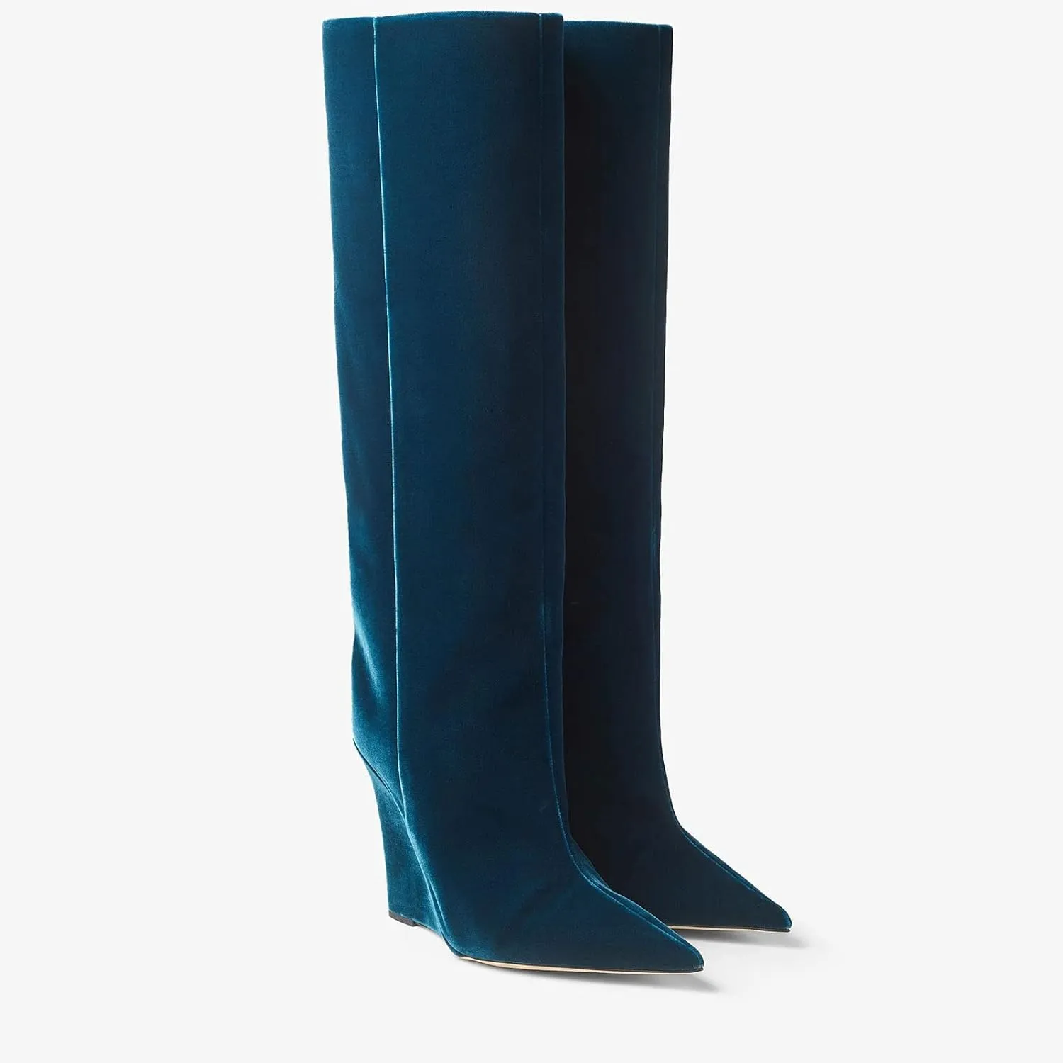 THESHY Women‘s Pointed Toe Knee High Boot Wedge Metallic High Heel Thigh High Boot Patent Leather Pull on Shoes