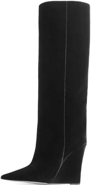 THESHY Women‘s Pointed Toe Knee High Boot Wedge Metallic High Heel Thigh High Boot Patent Leather Pull on Shoes