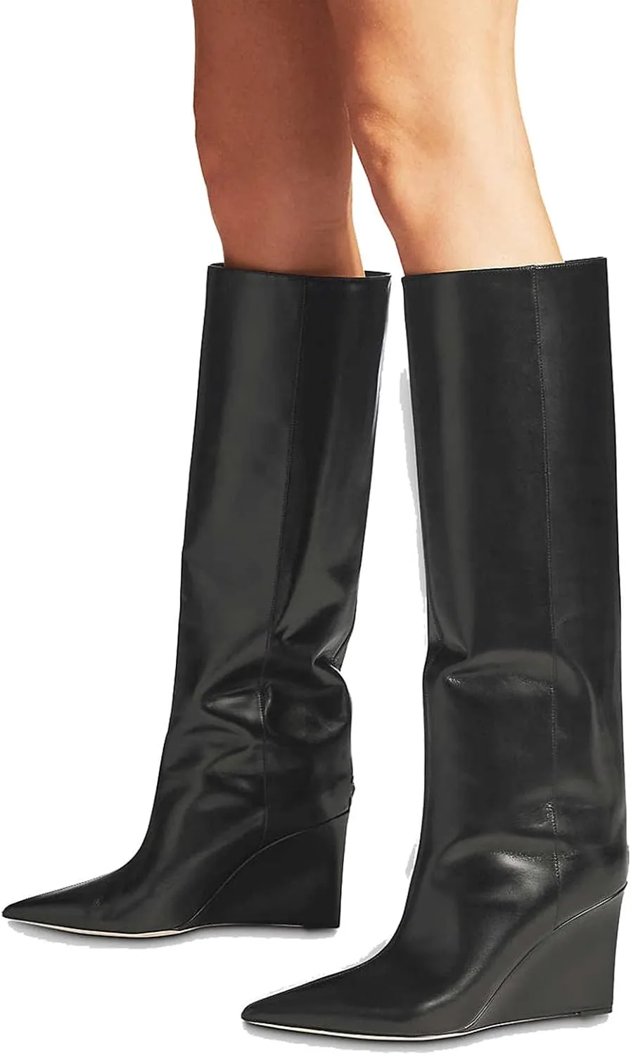 THESHY Women‘s Pointed Toe Knee High Boot Wedge Metallic High Heel Thigh High Boot Patent Leather Pull on Shoes