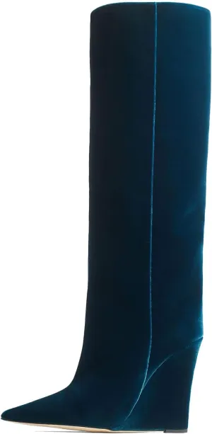 THESHY Women‘s Pointed Toe Knee High Boot Wedge Metallic High Heel Thigh High Boot Patent Leather Pull on Shoes