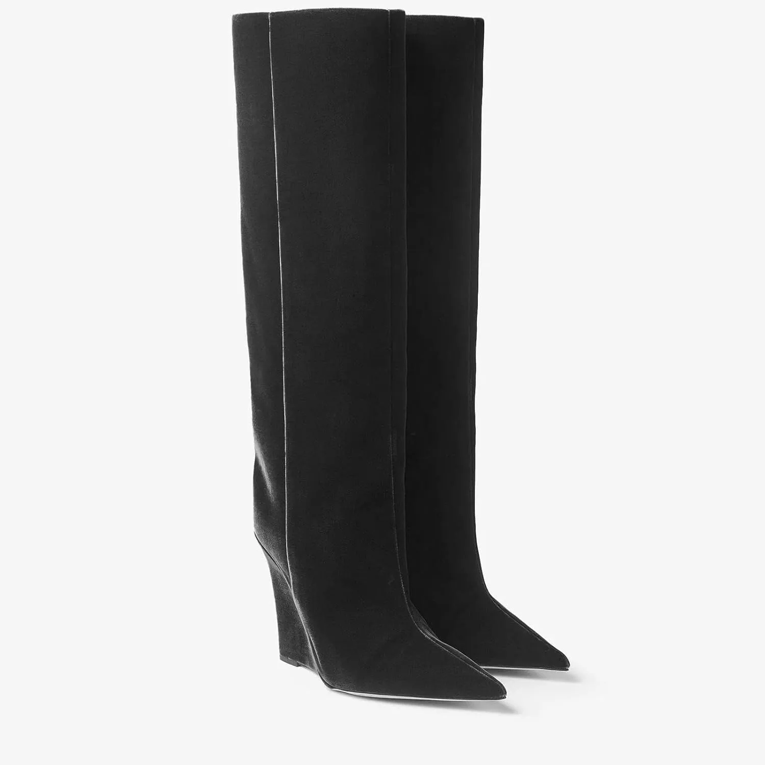 THESHY Women‘s Pointed Toe Knee High Boot Wedge Metallic High Heel Thigh High Boot Patent Leather Pull on Shoes