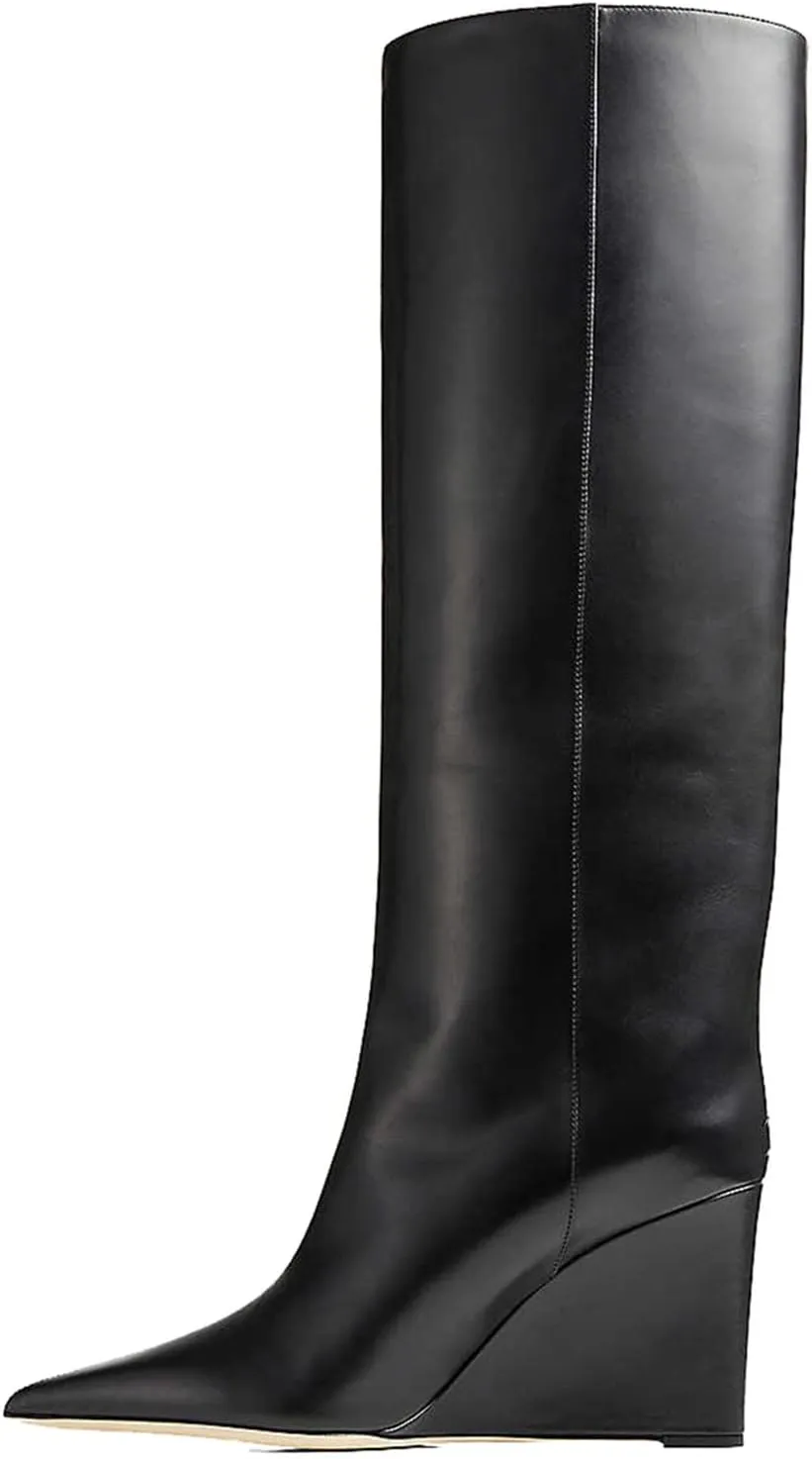 THESHY Women‘s Pointed Toe Knee High Boot Wedge Metallic High Heel Thigh High Boot Patent Leather Pull on Shoes