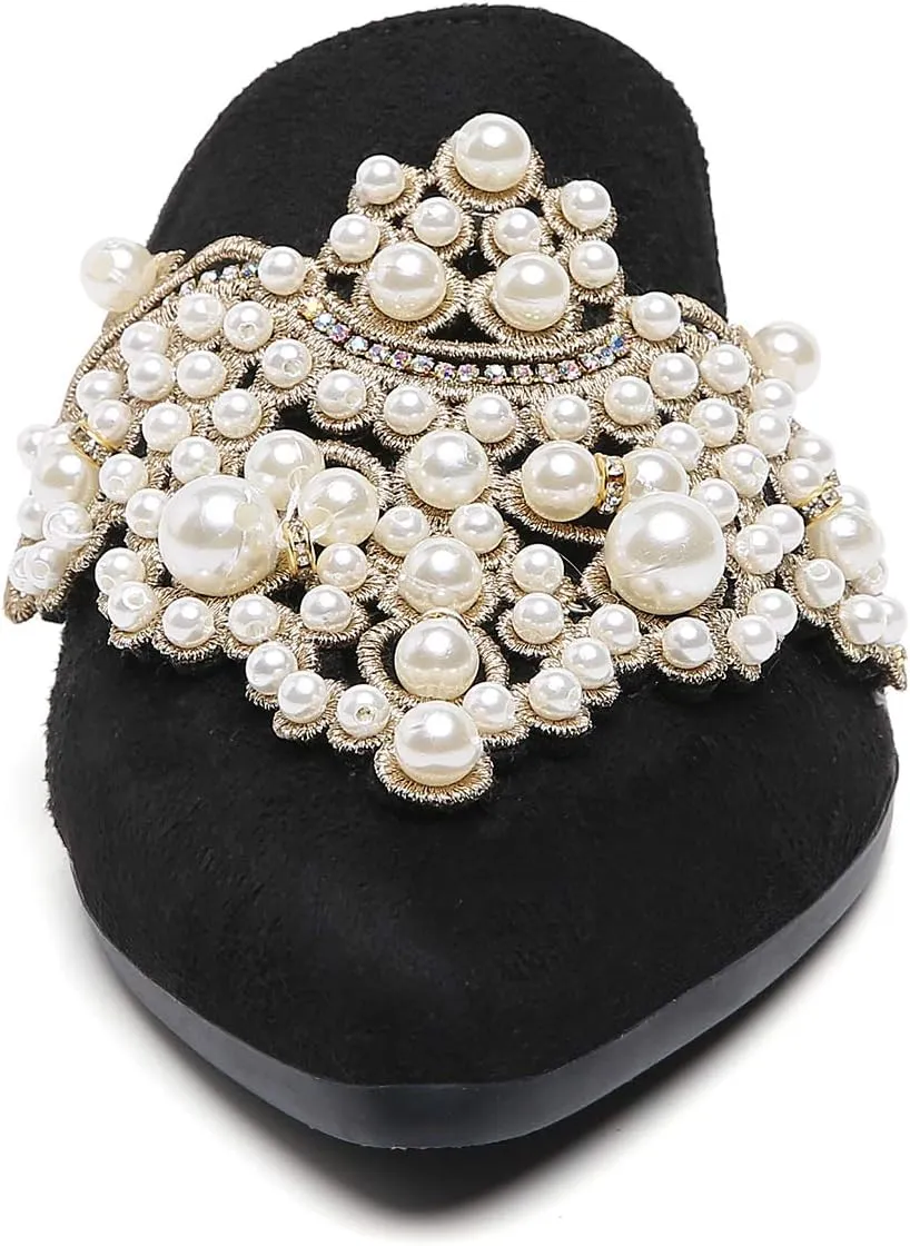 Tilocow Pearl Decor Mules for Women Flats Pointed Toe Backless Flat Slip On Slides Women's Mule Shoes