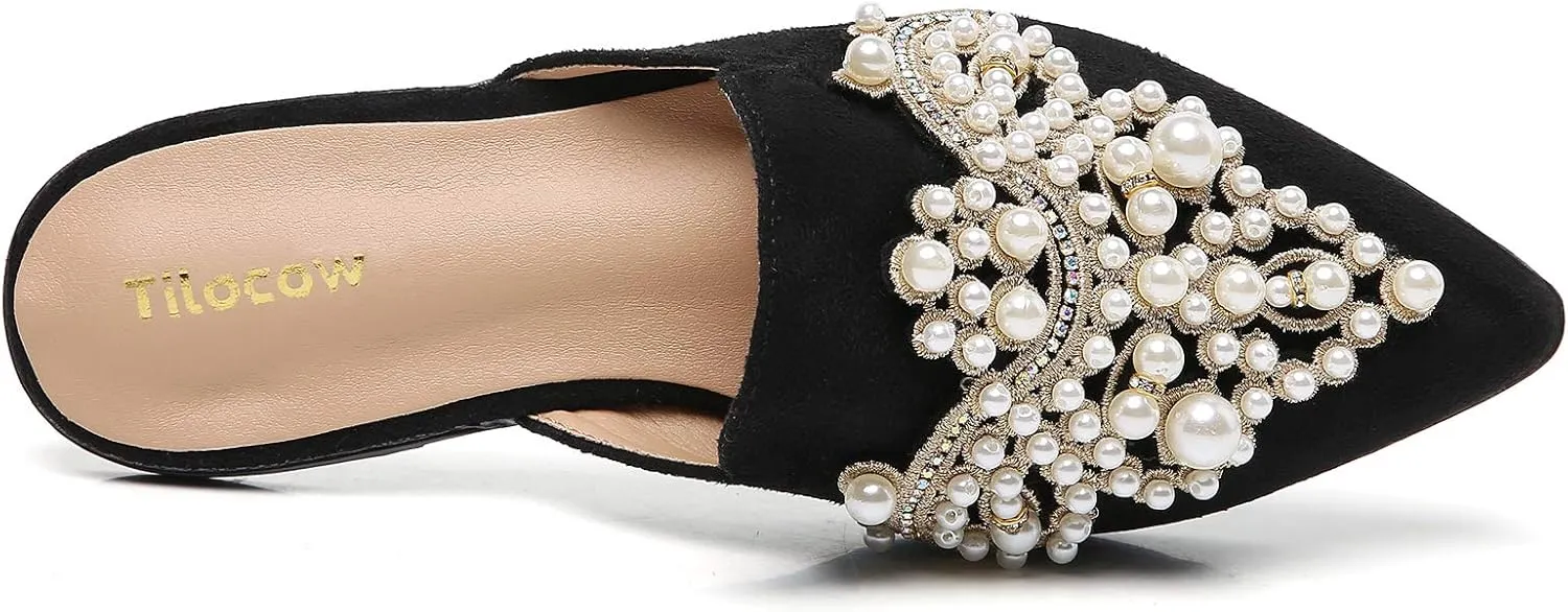 Tilocow Pearl Decor Mules for Women Flats Pointed Toe Backless Flat Slip On Slides Women's Mule Shoes