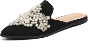 Tilocow Pearl Decor Mules for Women Flats Pointed Toe Backless Flat Slip On Slides Women's Mule Shoes