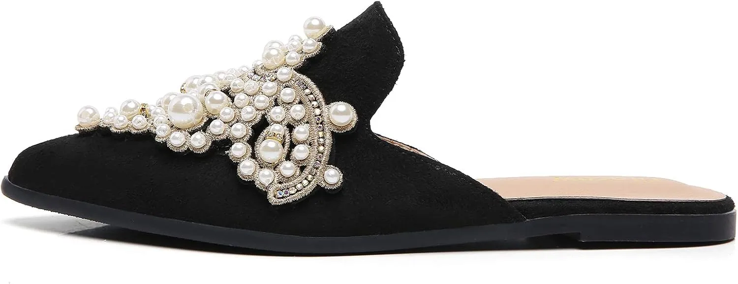 Tilocow Pearl Decor Mules for Women Flats Pointed Toe Backless Flat Slip On Slides Women's Mule Shoes