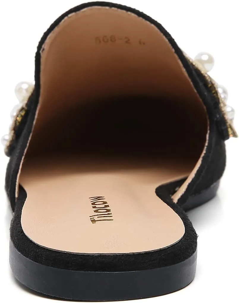 Tilocow Pearl Decor Mules for Women Flats Pointed Toe Backless Flat Slip On Slides Women's Mule Shoes