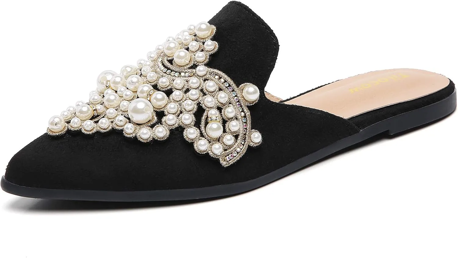 Tilocow Pearl Decor Mules for Women Flats Pointed Toe Backless Flat Slip On Slides Women's Mule Shoes