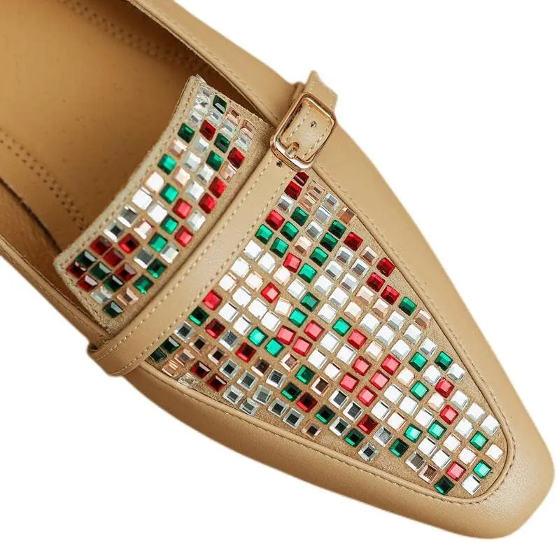 TinaCus Handmade Women's Genuine Leather Colorful Rhinestones Slip On Square Toe Flats Loafer Shoes