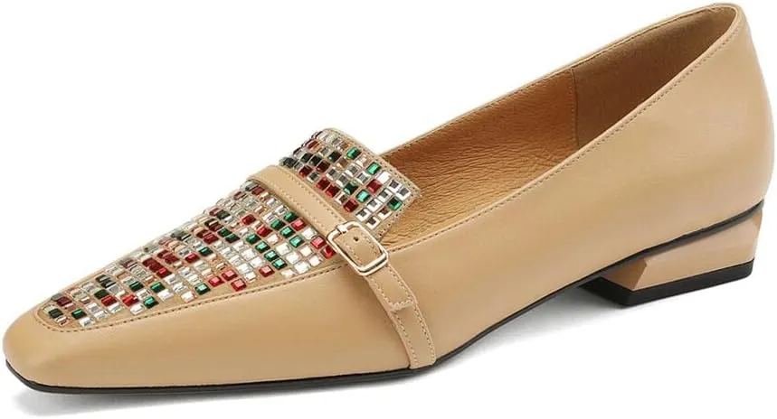 TinaCus Handmade Women's Genuine Leather Colorful Rhinestones Slip On Square Toe Flats Loafer Shoes