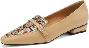 TinaCus Handmade Women's Genuine Leather Colorful Rhinestones Slip On Square Toe Flats Loafer Shoes