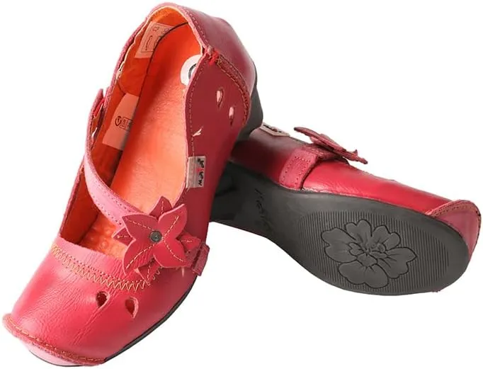 TMA EYES Women's Leather Soft Sole Comfort Low Heel Casual Shoes with Fish Mouth Design