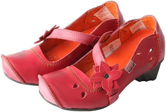 TMA EYES Women's Leather Soft Sole Comfort Low Heel Casual Shoes with Fish Mouth Design