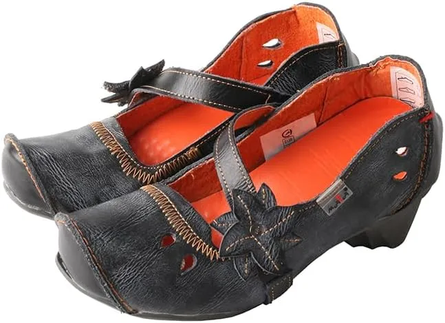 TMA EYES Women's Leather Soft Sole Comfort Low Heel Casual Shoes with Fish Mouth Design