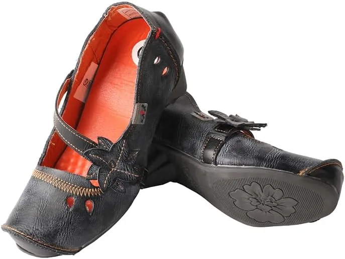 TMA EYES Women's Leather Soft Sole Comfort Low Heel Casual Shoes with Fish Mouth Design