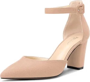 TNYNFBEB Womens Chunky Block Mid Heel Pointed Toe Pumps Ankle Strap Two-Piece Buckle Prom Wedding Dress 3.2 Inches Heels