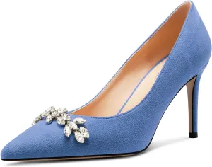 TNYNFBEB Womens Mid Heel Pointed Toe Pumps Slip-on Rhinestone Crystal Prom Wedding Summer Basic Classic Cute 3.2 Inches Heels