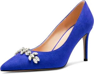 TNYNFBEB Womens Mid Heel Pointed Toe Pumps Slip-on Rhinestone Crystal Prom Wedding Summer Basic Classic Cute 3.2 Inches Heels