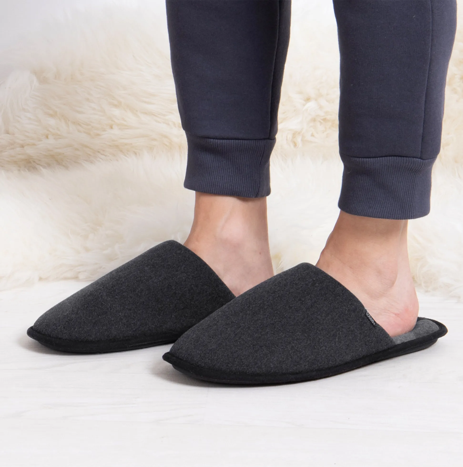 Totes Toasties JERSEY MULE Slippers WITH CHECK LINING Mens Charcoal