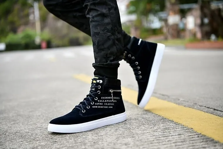 Trendy British Style High-top Canvas Sneakers for Men - Lace-up Design, Casual and All-match, with Zipper Decoration