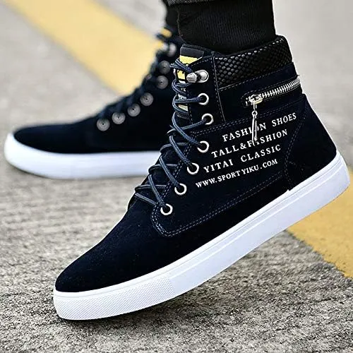 Trendy British Style High-top Canvas Sneakers for Men - Lace-up Design, Casual and All-match, with Zipper Decoration