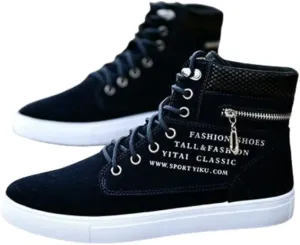 Trendy British Style High-top Canvas Sneakers for Men - Lace-up Design, Casual and All-match, with Zipper Decoration