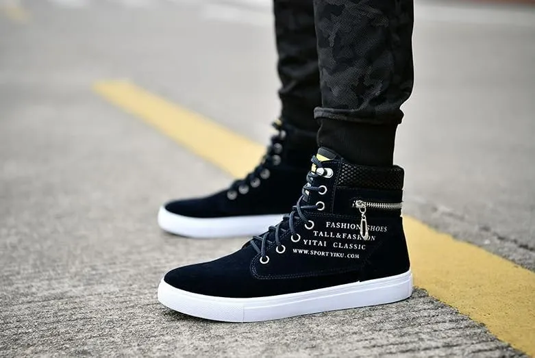 Trendy British Style High-top Canvas Sneakers for Men - Lace-up Design, Casual and All-match, with Zipper Decoration