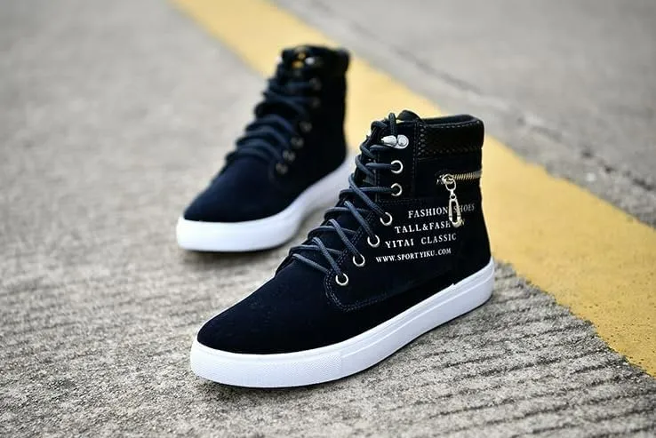 Trendy British Style High-top Canvas Sneakers for Men - Lace-up Design, Casual and All-match, with Zipper Decoration