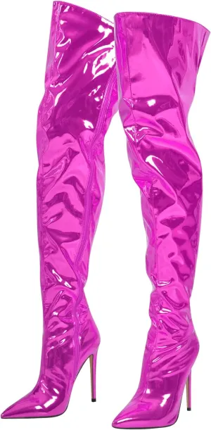 VERISSON Women's Over Knee Metallic Boots Point Toe Clorfulr Stiletto High Heels Zip up Thigh Booties