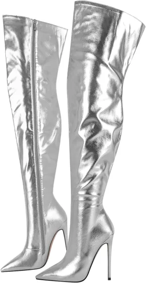VERISSON Women's Over Knee Metallic Boots Point Toe Clorfulr Stiletto High Heels Zip up Thigh Booties