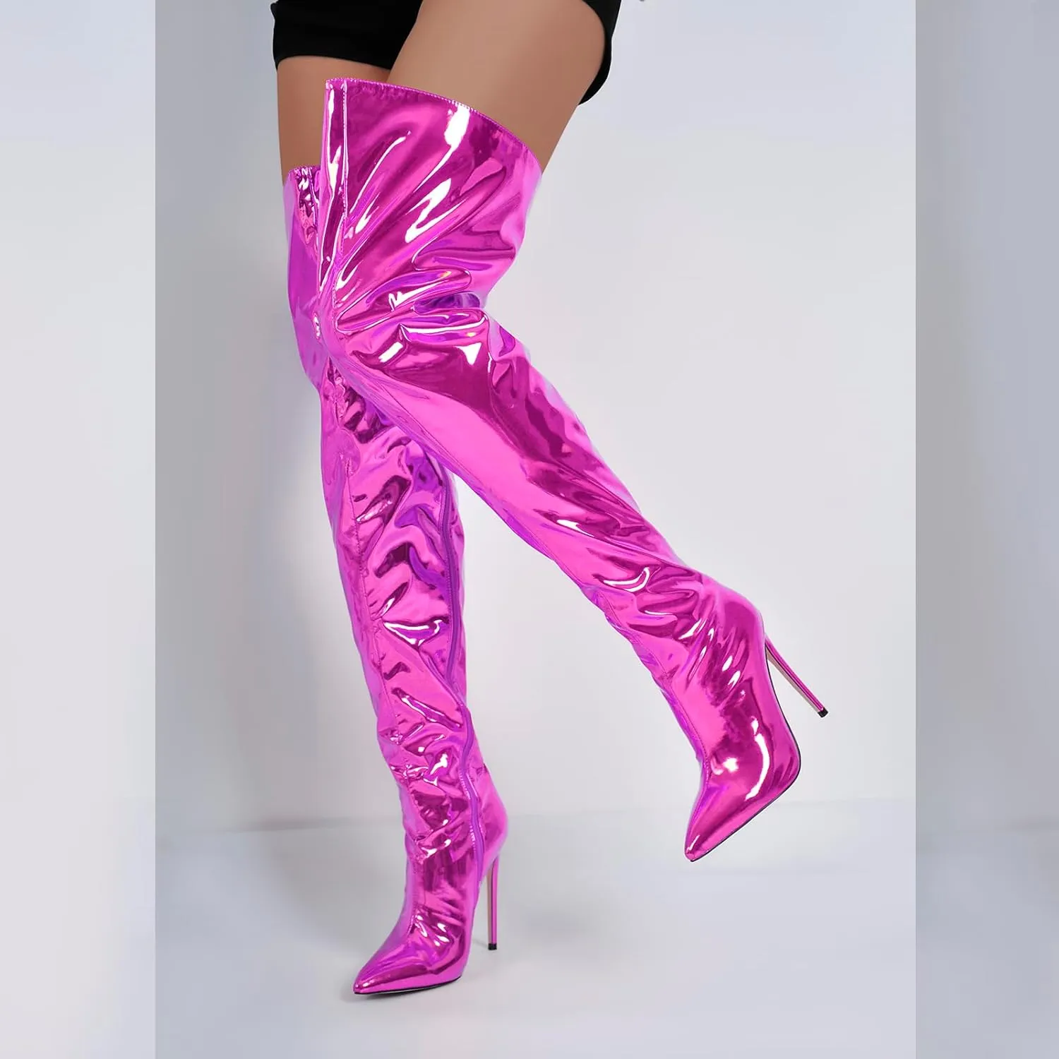 VERISSON Women's Over Knee Metallic Boots Point Toe Clorfulr Stiletto High Heels Zip up Thigh Booties