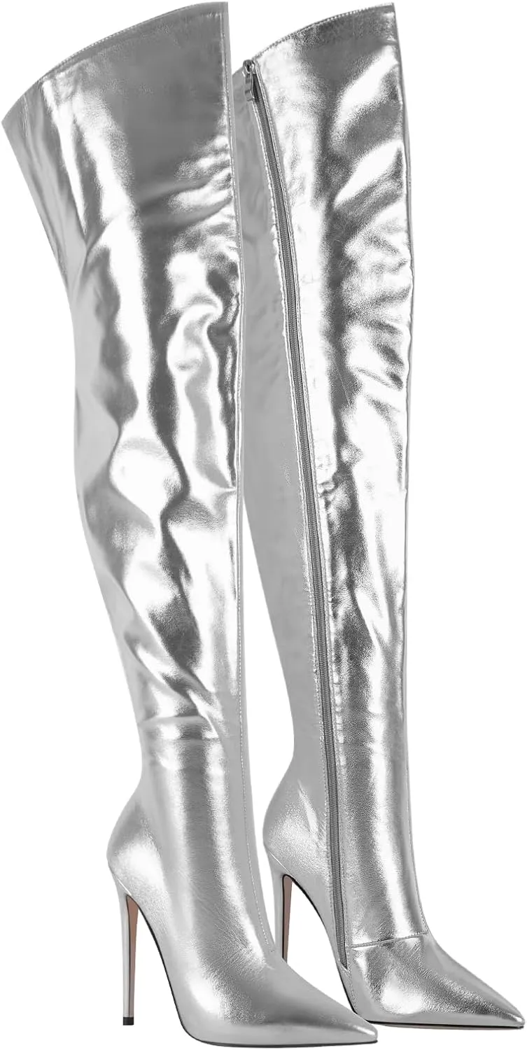 VERISSON Women's Over Knee Metallic Boots Point Toe Clorfulr Stiletto High Heels Zip up Thigh Booties