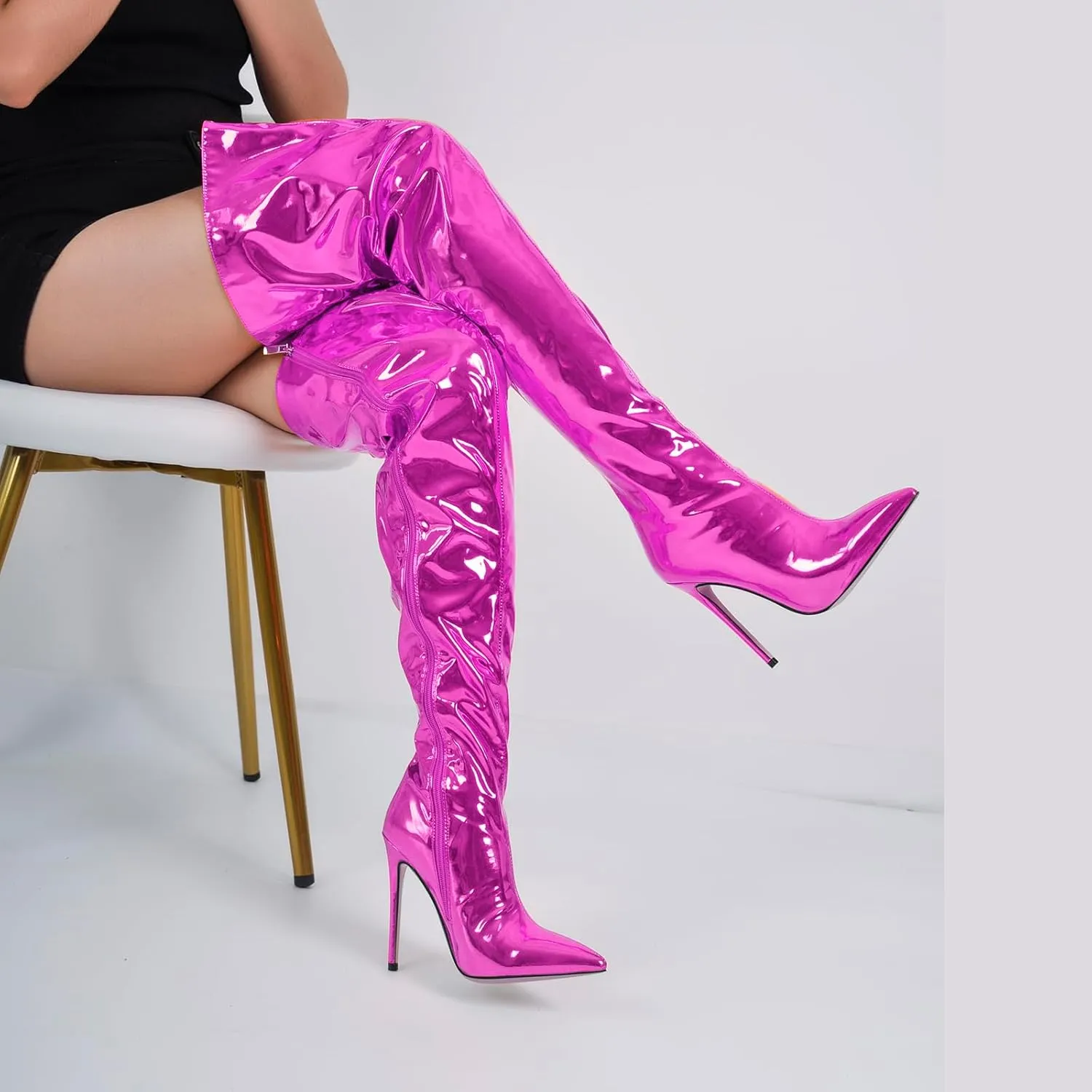 VERISSON Women's Over Knee Metallic Boots Point Toe Clorfulr Stiletto High Heels Zip up Thigh Booties