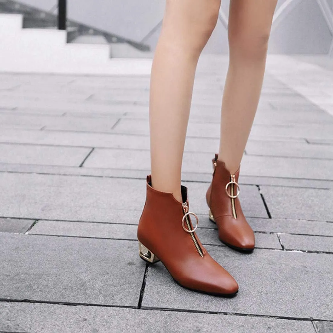 VOKLIN Women's Fashion Chelsea Ankle Boots Square Toe Metallic Zipper Sparkle Low Heel Dress Short Booties