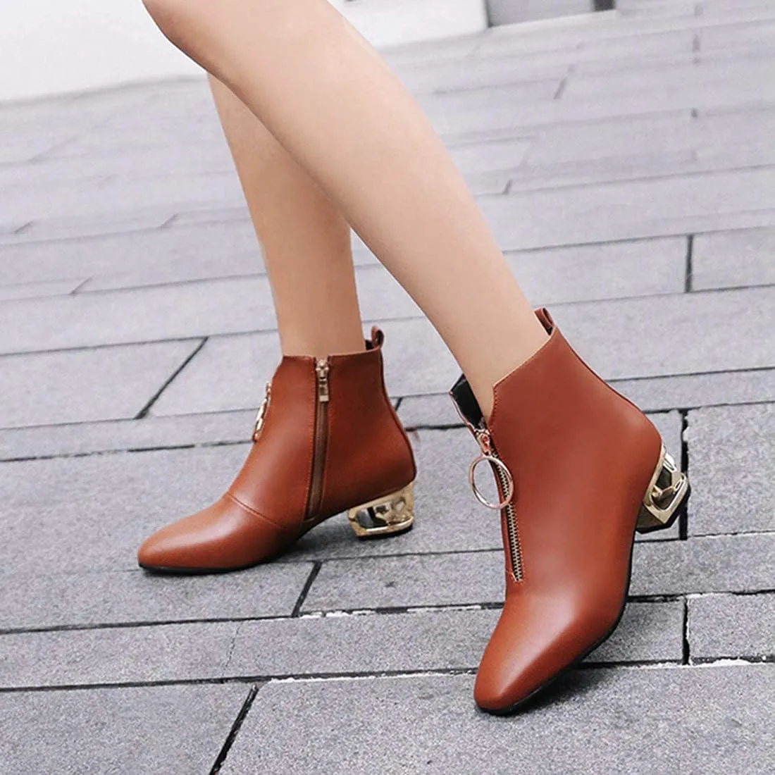 VOKLIN Women's Fashion Chelsea Ankle Boots Square Toe Metallic Zipper Sparkle Low Heel Dress Short Booties
