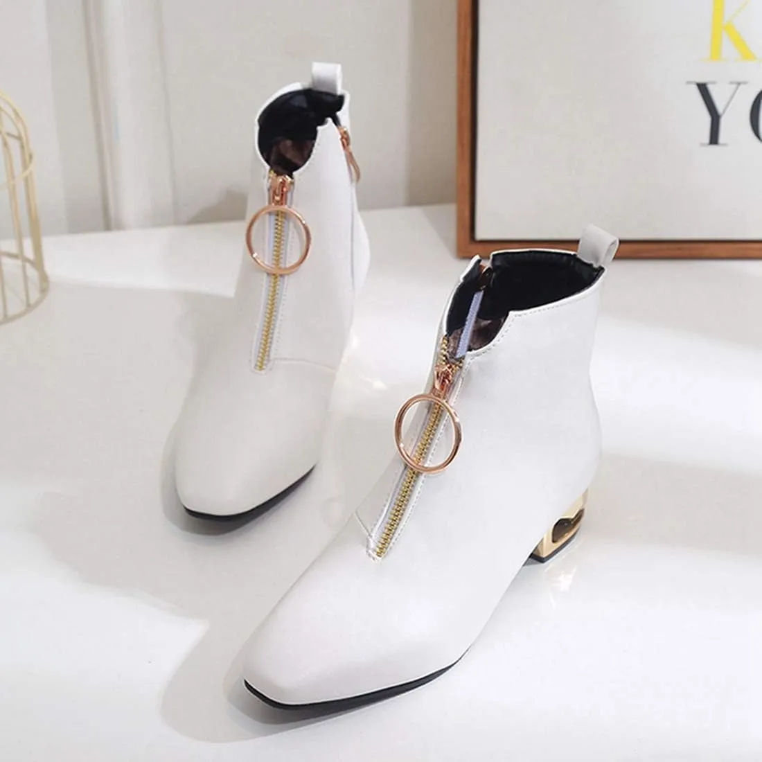 VOKLIN Women's Fashion Chelsea Ankle Boots Square Toe Metallic Zipper Sparkle Low Heel Dress Short Booties