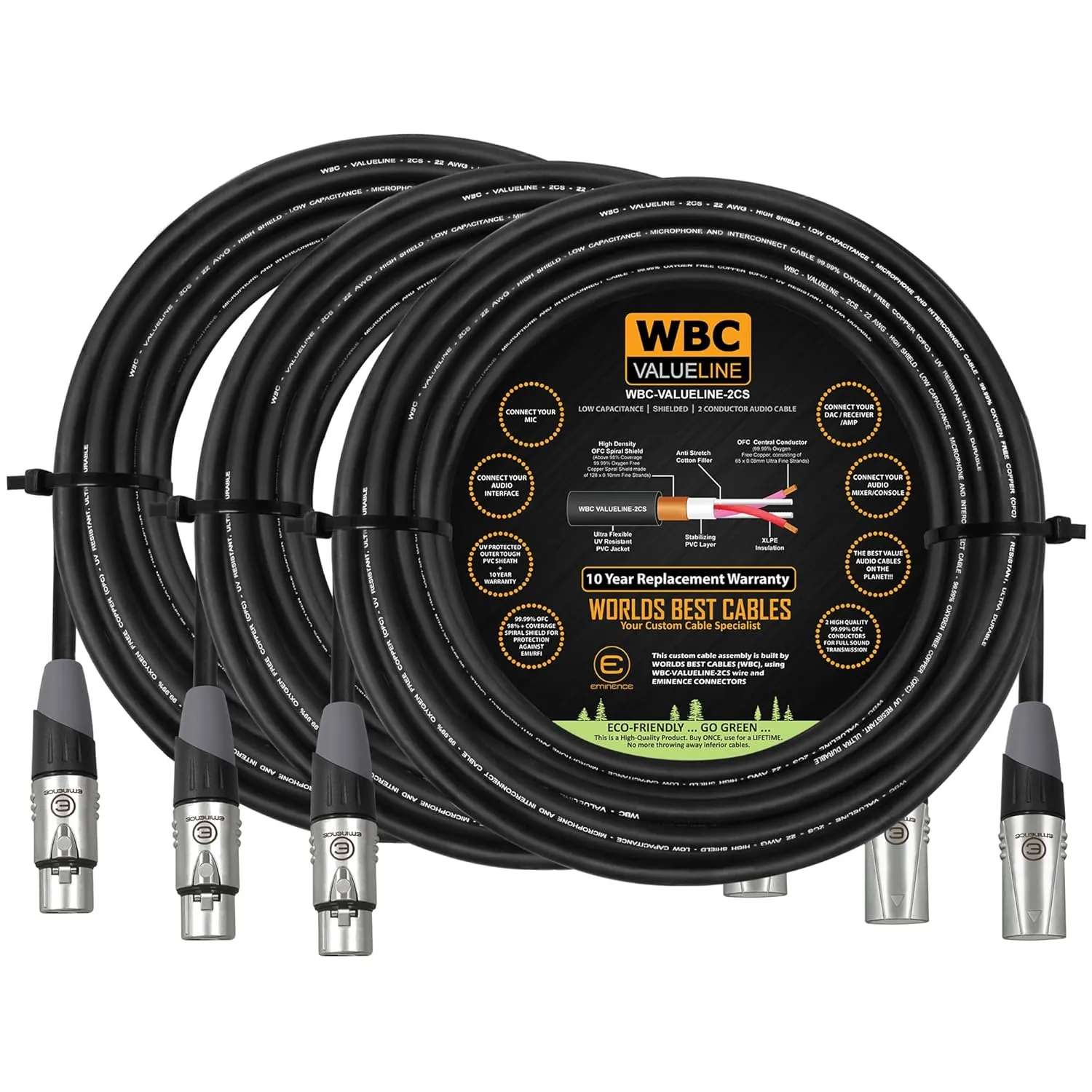 WBC-VALUELINE-2CS (22 AWG) - 3 Units - 25 Foot–Low-Capacitance Shielded Balanced Flexible Microphone, Active-Speaker & Interconnect Cables with Eminence Gold XLR Connectors