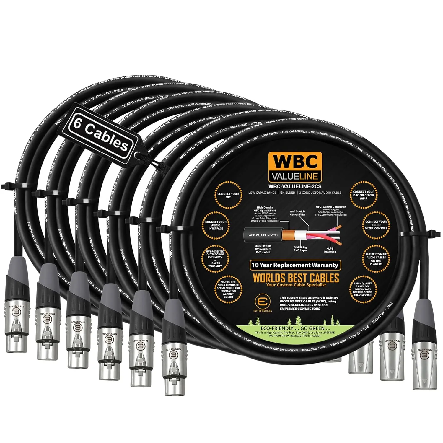 WBC-VALUELINE-2CS (22 AWG) - 6 Units - 2 Foot–Low-Capacitance Shielded Balanced Flexible Microphone, Active-Speaker & Interconnect Cables with Eminence Gold XLR Connectors