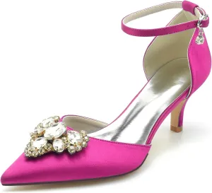 Wedding Shoes for Bride Glitter Wedding Women Ankle Strap Bridal Shoes Closed Toe Crystal Pointed Mid Heel