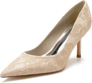 Women Closed Toe Heel Pumps Slip on Lace Satin Wedding Bridal Shoes Court Shoes Pointed Heel Wedding Sandals