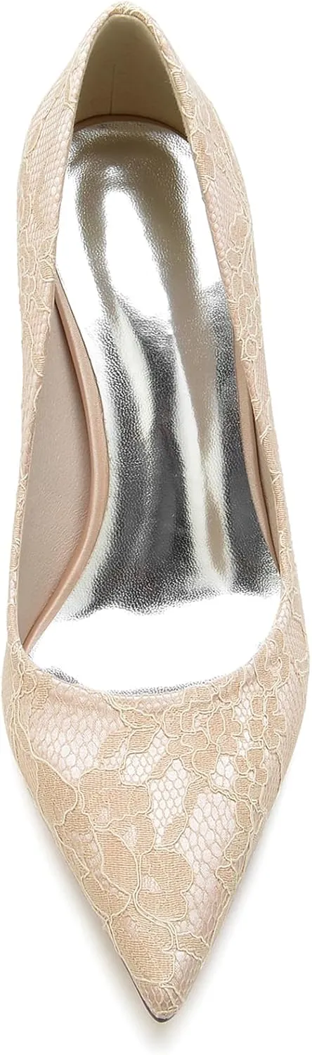 Women Closed Toe Heel Pumps Slip on Lace Satin Wedding Bridal Shoes Court Shoes Pointed Heel Wedding Sandals
