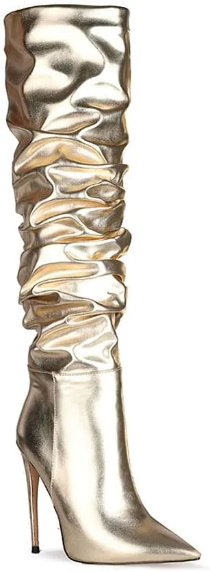Women Fashion Slouchy Knee High Boots Pointed Toe High Heel Thigh High Boot Patent Mirror Stiletto Shoes