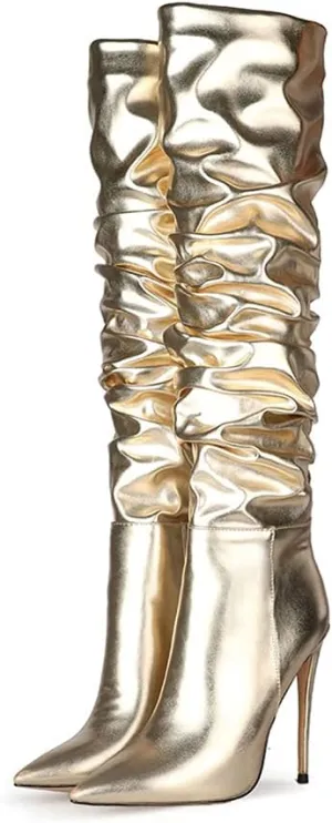 Women Fashion Slouchy Knee High Boots Pointed Toe High Heel Thigh High Boot Patent Mirror Stiletto Shoes