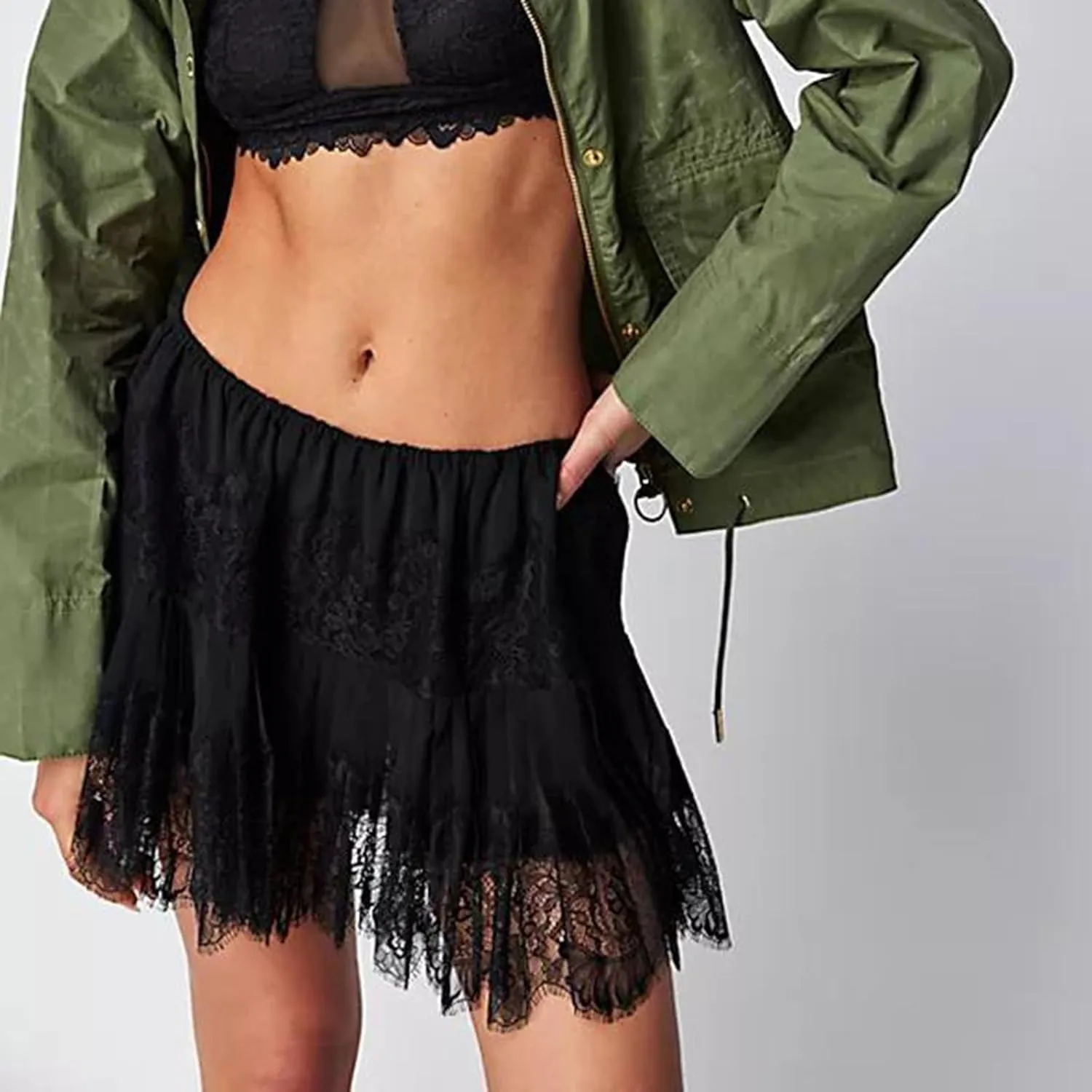 Women Floral Lace Skirts Ruffle Y2k Half Slip Skirts Swing Fairy Mesh Mid Rise Layered Mini Skirts